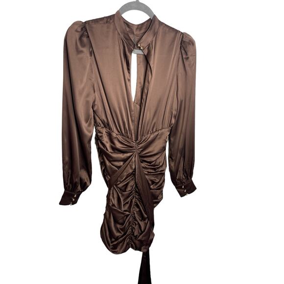 MAJORELLE Bristol Mini Dress Keyhole Neck Ruched Long Sleeve Chocolate Sz Small - Picture 10 of 14